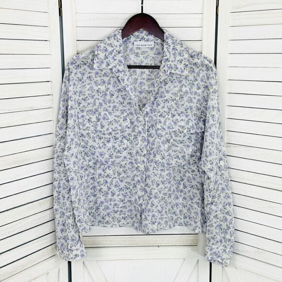 And Now This Floral Button Front Crop Utility Shirt Blouse White Purple Medium - Picture 9 of 14